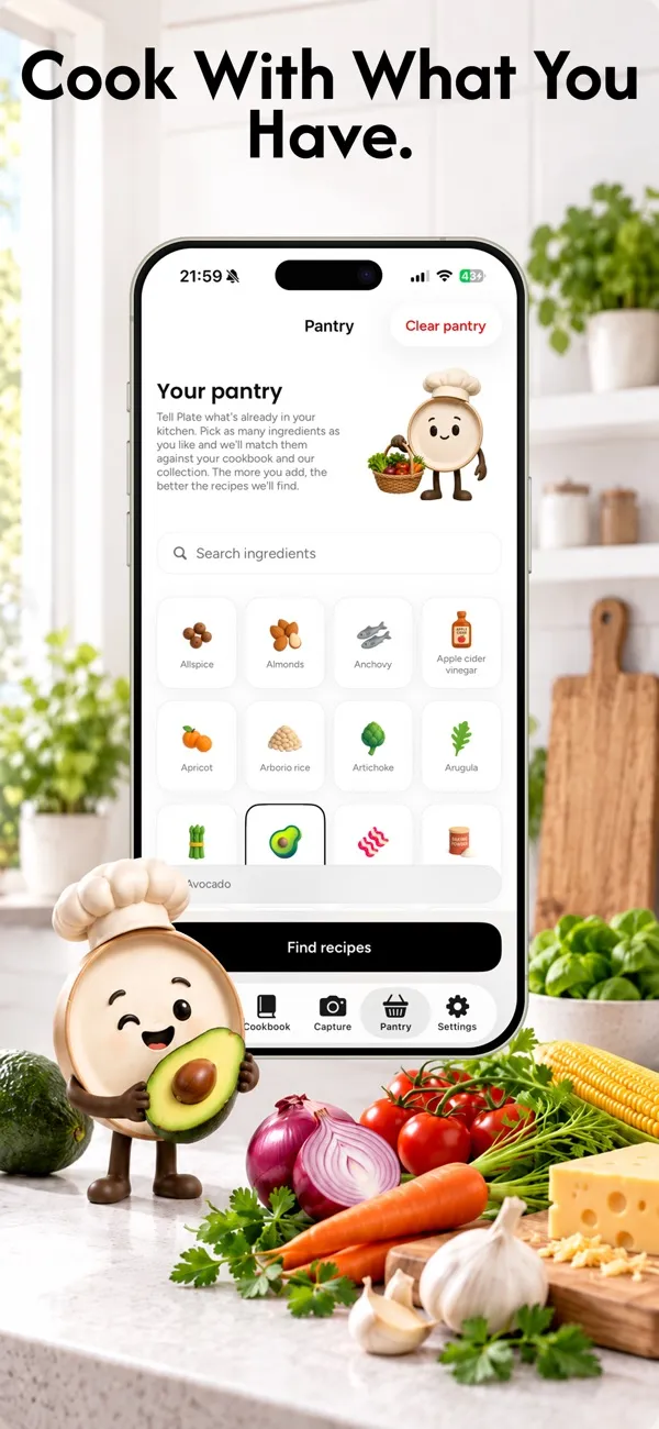 Plate's pantry screen: a grid of illustrated ingredients with a search bar and a Find recipes button, beside the mascot holding an avocado