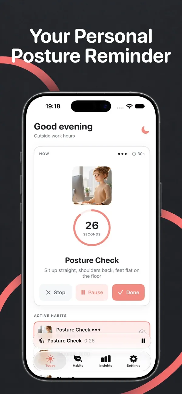 Postura Posture Check screen with a 30 second timer and the instruction to sit up straight, shoulders back, feet flat on the floor
