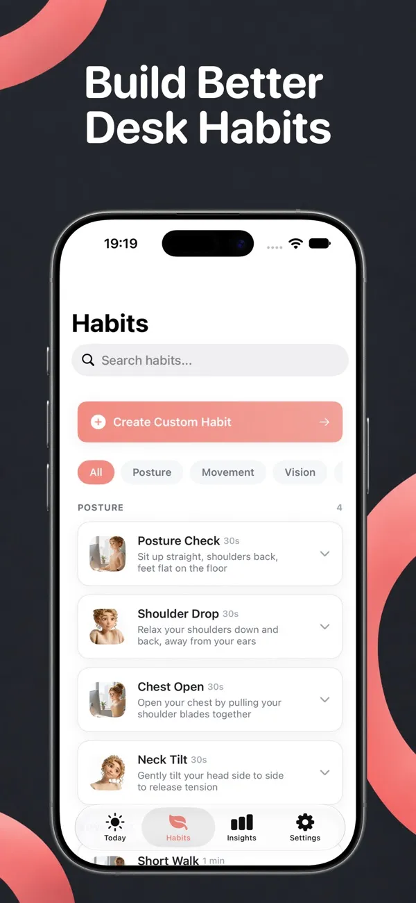Postura habits list showing Posture Check, Shoulder Drop, Chest Open and Neck Tilt, each a 30 second habit with a short instruction