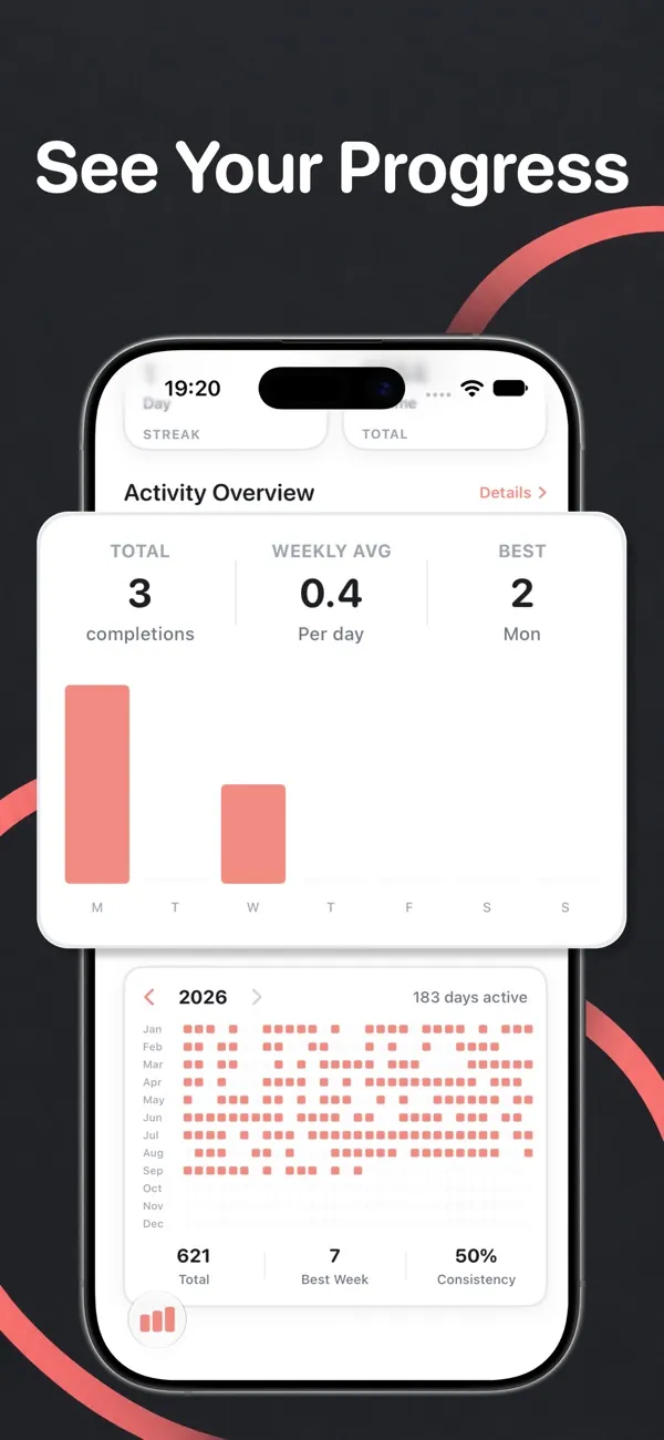 Postura progress screen with a weekly bar chart and a yearly grid of active days