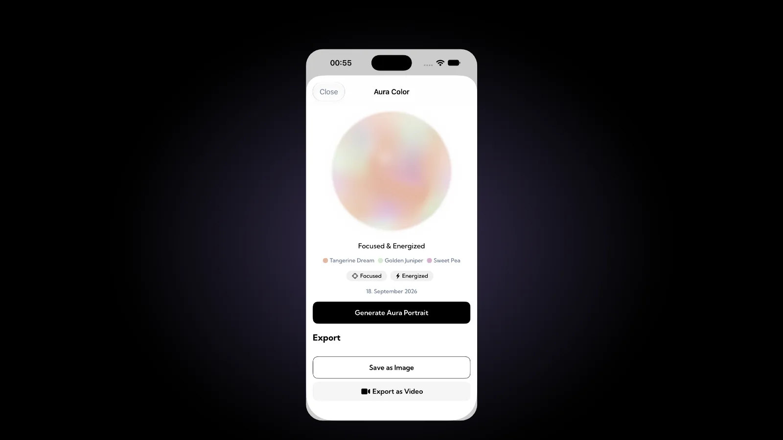 The Aura Color screen in the Aura app: a soft peach, green and lilac sphere labeled Focused and Energized, with its three colors named Tangerine Dream, Golden Juniper and Sweet Pea