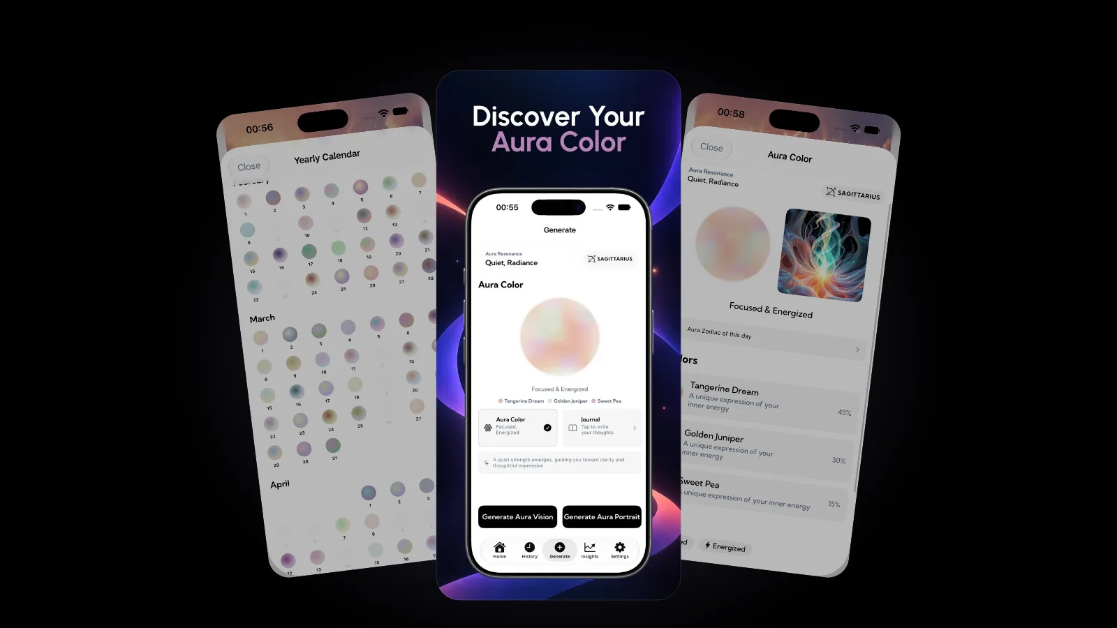 Three Aura app screens fanned on black: a yearly calendar of soft colored circles, the Discover Your Aura Color screen, and a breakdown of the day's colors with percentages
