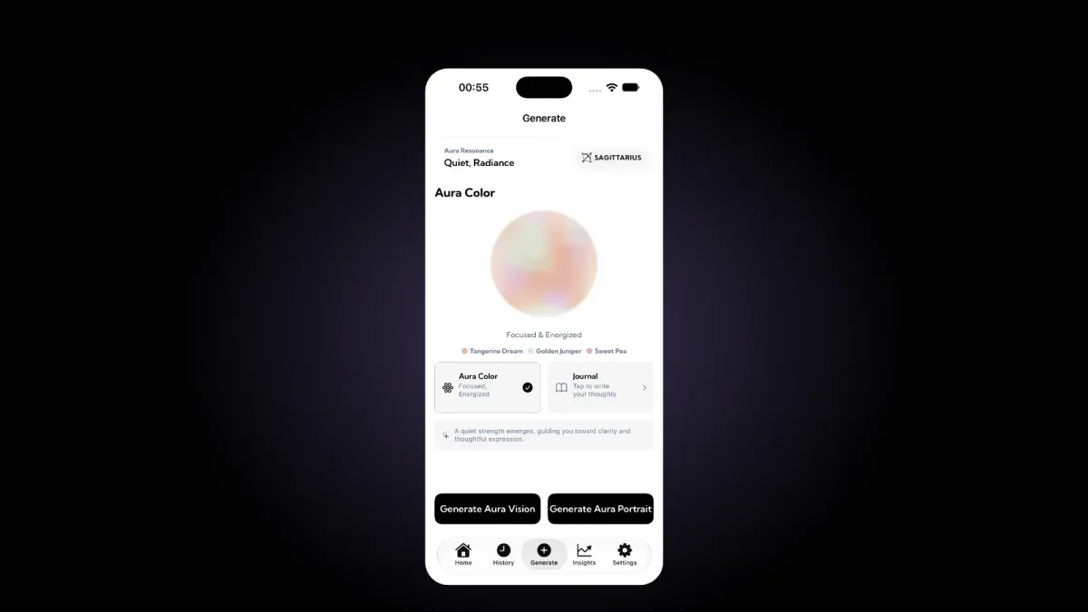 Auras Generate-skærm: et Aura Resonance-kort med teksten Quiet, Radiance ved siden af et Sagittarius-mærke, en blød ferskenfarvet Aura Color-kugle mærket Focused and Energized med farverne Tangerine Dream, Golden Juniper og Sweet Pea, kort for Aura Color og Journal og to sorte knapper, Generate Aura Vision og Generate Aura Portrait
