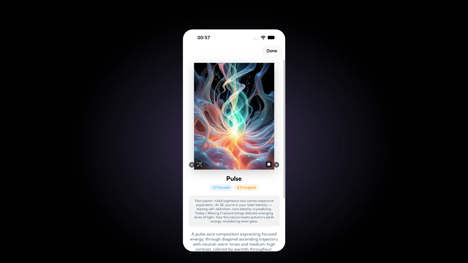 An Aura Vision artwork called Pulse: flowing ribbons of orange, teal and cream light, tagged Focused and Energized
