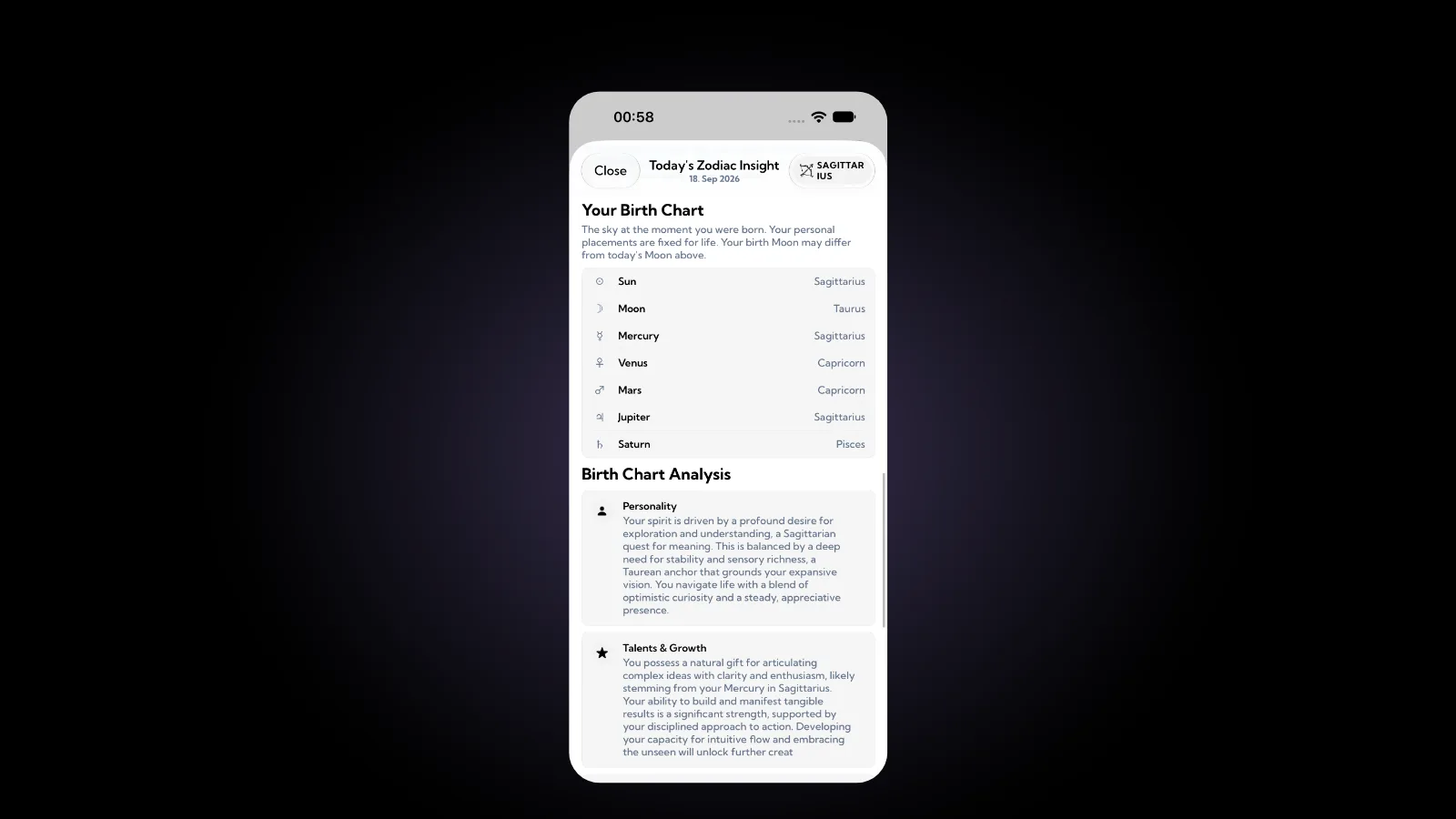 The Your Birth Chart screen in Aura listing the sign of each placement: Sun in Sagittarius, Moon in Taurus, Mercury in Sagittarius, Venus and Mars in Capricorn, Jupiter in Sagittarius and Saturn in Pisces