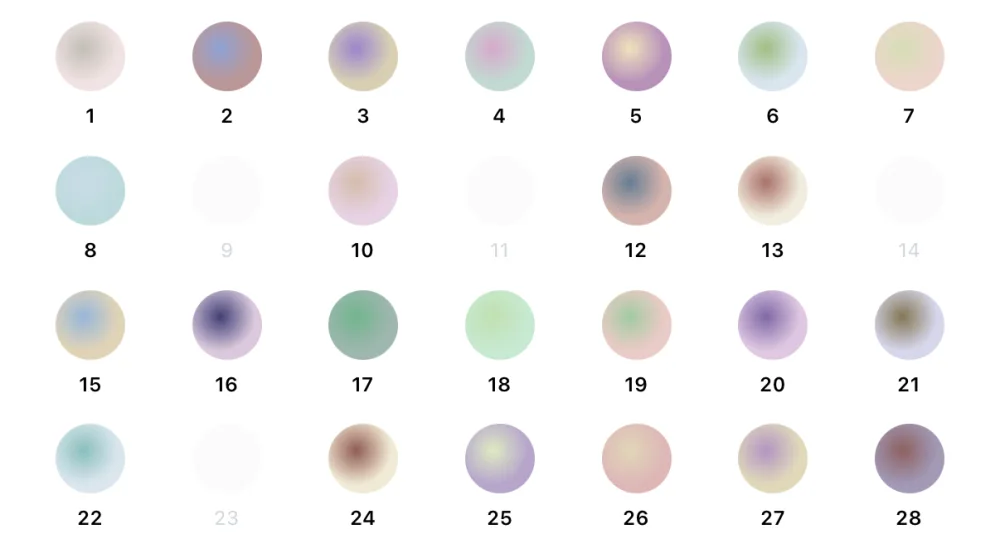 Veintiocho círculos numerados, uno por día, en suaves mezclas pastel: el día 8 es un azul polvo pálido, el día 16 tiene un centro azul marino intenso que se funde en lila, los días 2, 12 y 15 tienen centros azules sobre malva, rosa y arena, y los días 9, 11, 14 y 23 están en blanco