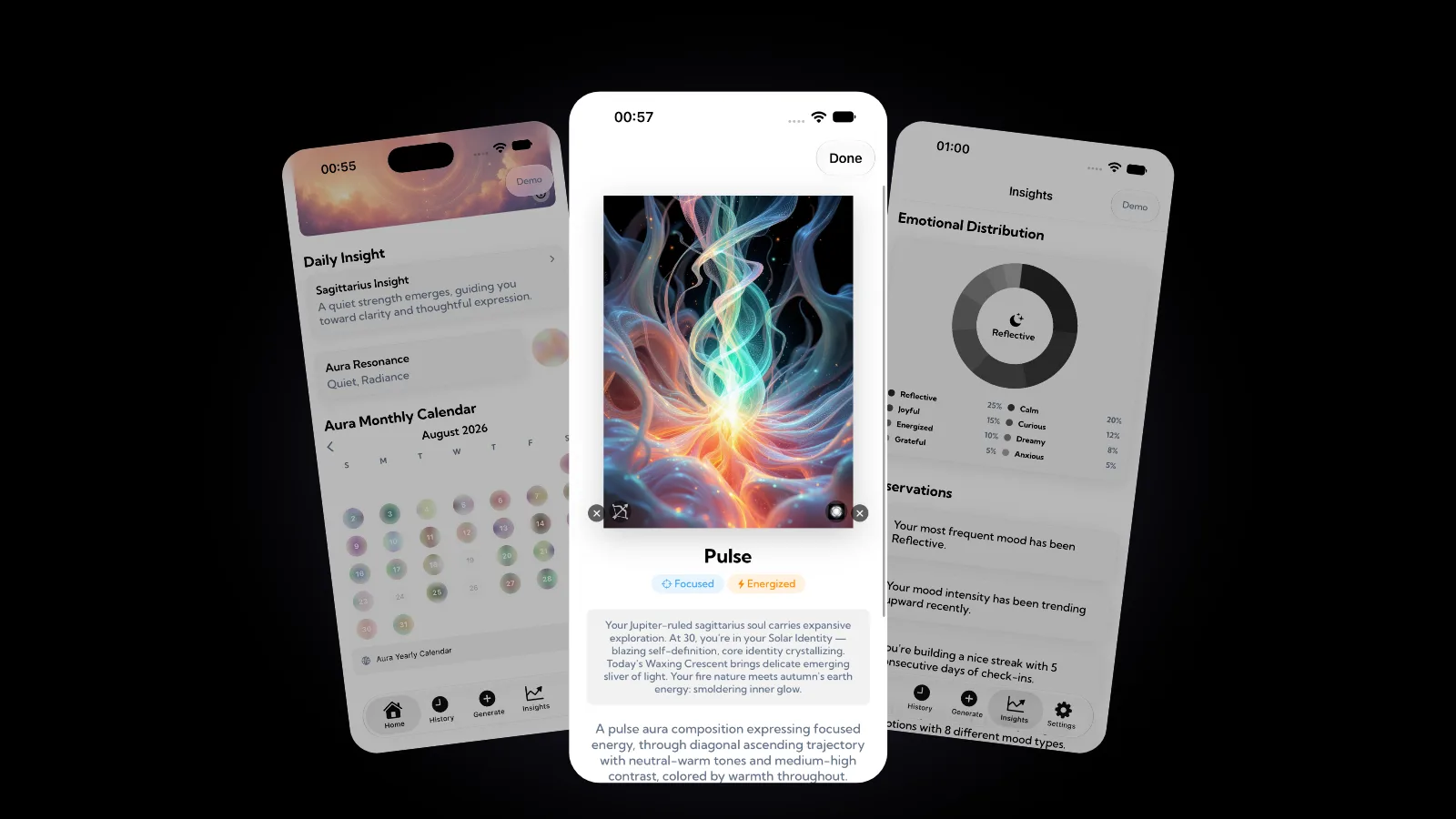 Tres pantallas de la app Aura en abanico sobre fondo negro: una pantalla de Inicio con una tarjeta de Reflexión diaria y un Calendario mensual de Aura de suaves círculos de colores, una obra llamada Pulse con luz fluida turquesa, azul y naranja etiquetada Focused y Energized, y una pantalla Insights con un gráfico de anillo de Distribución emocional encabezado por Reflective, con Calm al 20 por ciento
