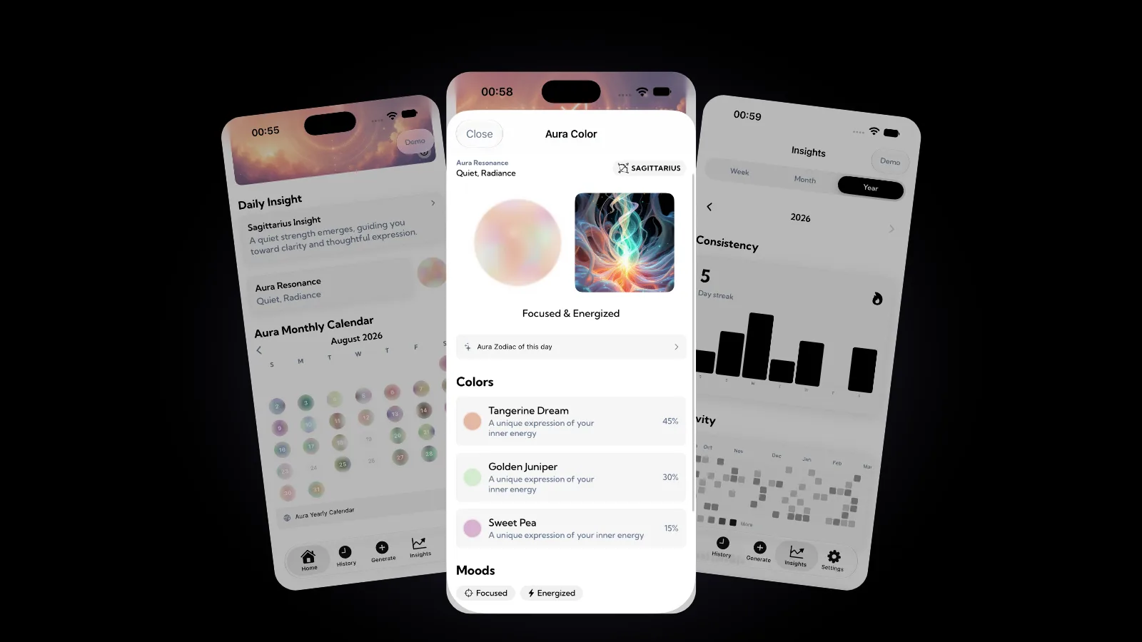 Tiga layar aplikasi Aura terkipas di atas latar hitam: layar Home dengan Aura Monthly Calendar berisi lingkaran warna lembut, layar Aura Color yang mencantumkan Tangerine Dream, Golden Juniper dengan chip hijau pucat, dan Sweet Pea, serta layar Insights dengan rentetan 5 hari dan kisi Activity