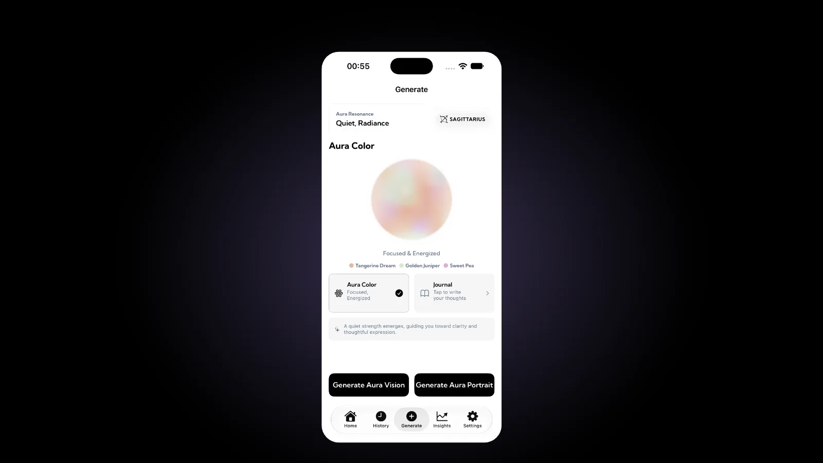 The Aura Generate screen showing today's aura color sphere, labeled Focused and Energized, next to a Journal card that says Tap to write your thoughts