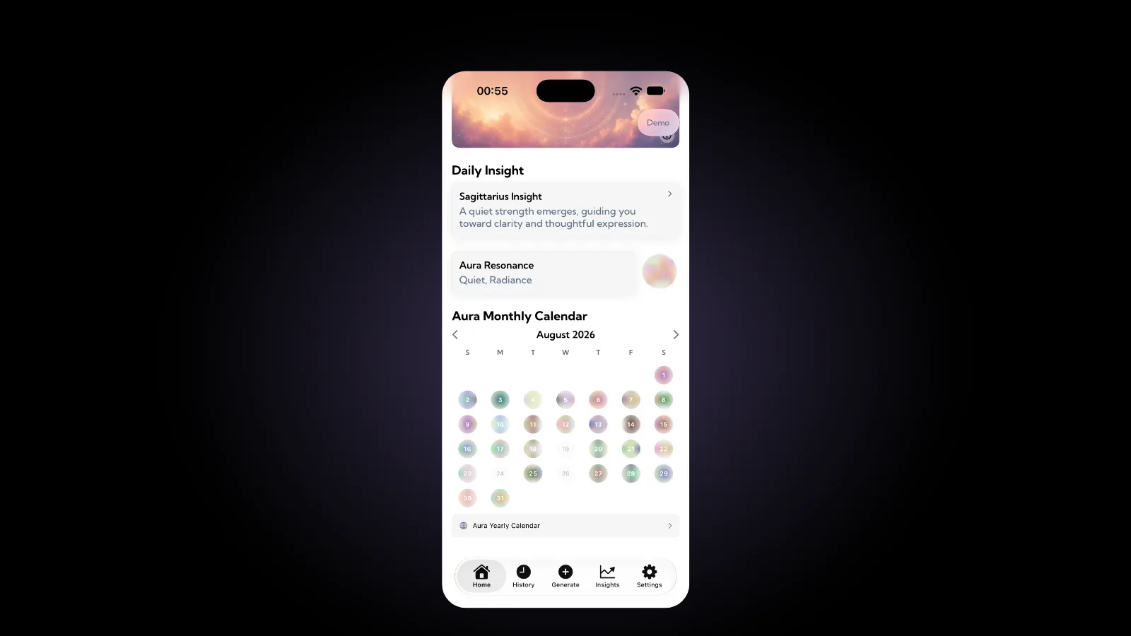 The Aura home screen with a daily insight card and a monthly calendar where each day of August is a colored circle