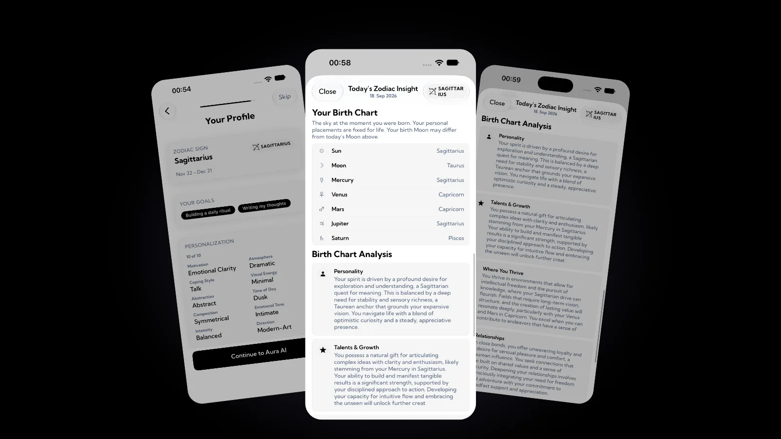Three Aura screens fanned on black: a Your Profile screen showing the zodiac sign Sagittarius, a Your Birth Chart list with the Moon in Taurus, and a Birth Chart Analysis with notes on personality and talents