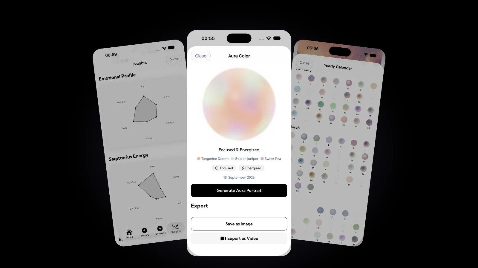 Drei Aura-App-Bildschirme fächerförmig auf Schwarz: der Bildschirm Einblicke mit einem Radar des Emotionsprofils samt Achse Liebe, ein Bildschirm Aurafarbe mit einer weichen Kugel in Pfirsich, Grün und Flieder und den Farben Tangerine Dream, Golden Juniper und Sweet Pea sowie ein Jahreskalender aus kleinen Farbkreisen