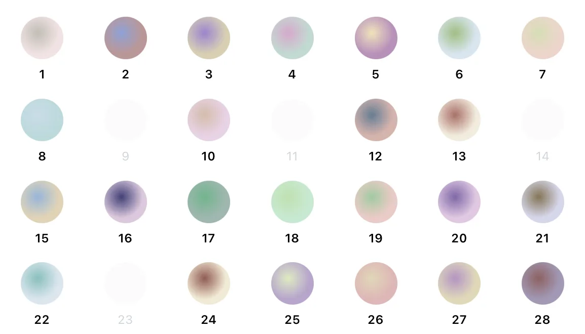 Dag 1 til 28 fra en måned i Auras Yearly Calendar, tegnet som slørede farvede cirkler i fire rækker, blandt andet en dyb violet cirkel på dag 16, en violet på dag 20, en lavendel på dag 25 og en støvet blomme på dag 28, mens dag 9, 11, 14 og 23 er tomme