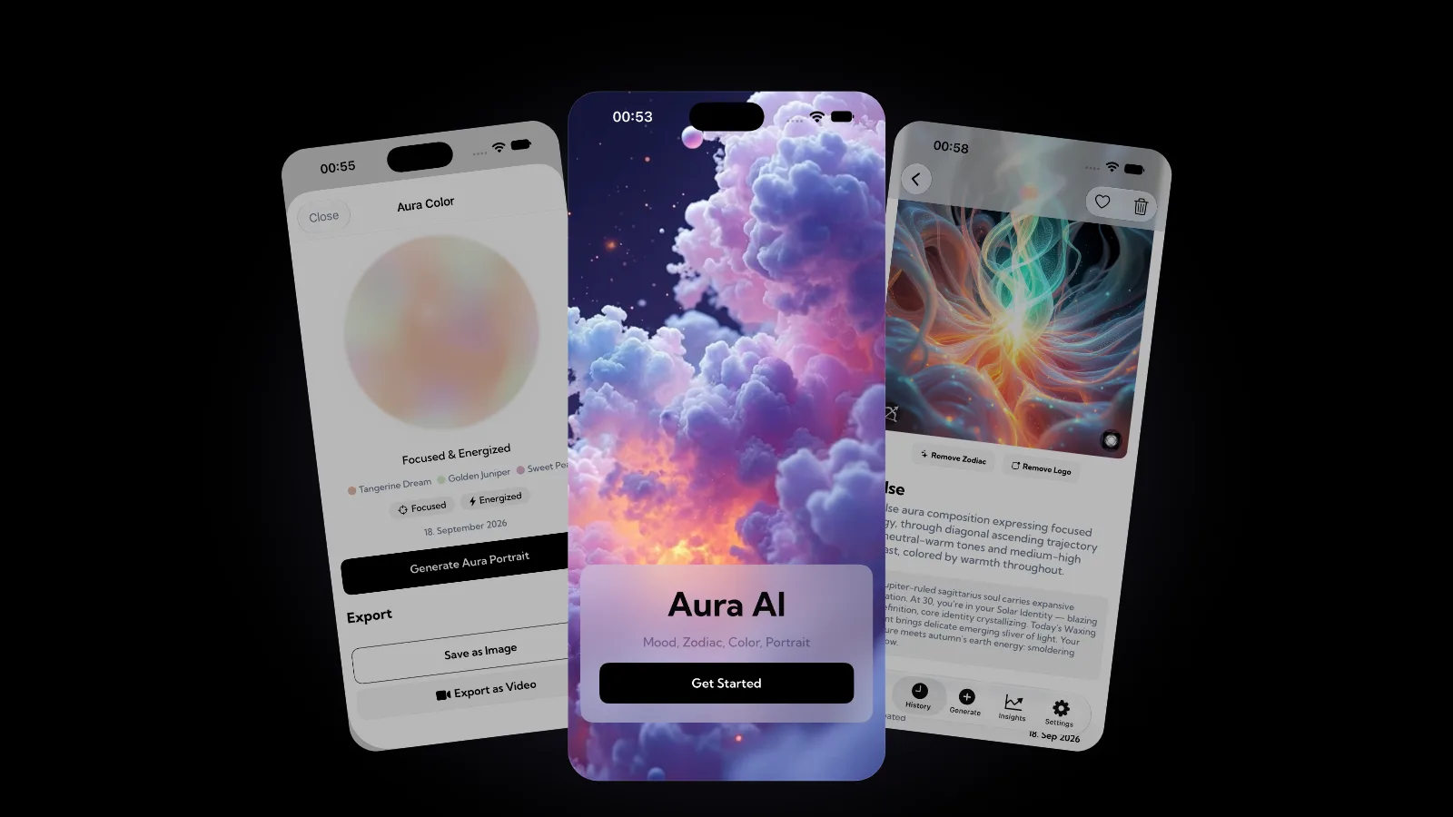 Tre Aura-skærme i vifteform på sort: en Aura Color-skærm med en blød ferskenfarvet kugle mærket Focused and Energized, velkomstskærmen Aura AI over bølgende violette, lyserøde og orange skyer med knappen Get Started og en kunstværksskærm med hvirvlende blågrønt, orange og lyserødt lys