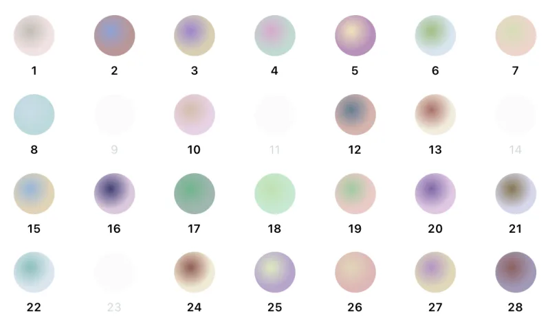February in the Yearly Calendar in Aura: 28 small soft-colored circles, one per day, including a pale, almost white circle on day 1, circles on days 22 and 24 that fade to white and cream at the edges, and days 9, 11, 14 and 23 left blank