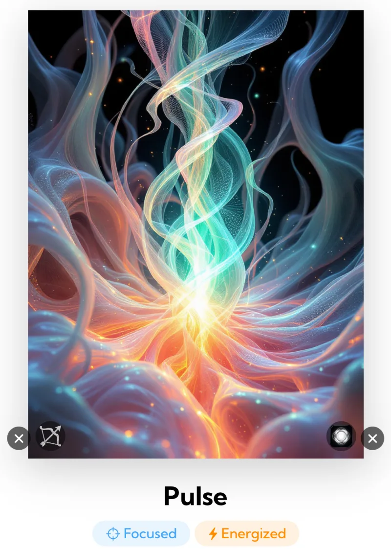 An Aura Vision artwork called Pulse in the Aura app: flowing ribbons of teal, blue, pink and orange light that meet in a bright, nearly white glow near the center, with the mood tags Focused and Energized below