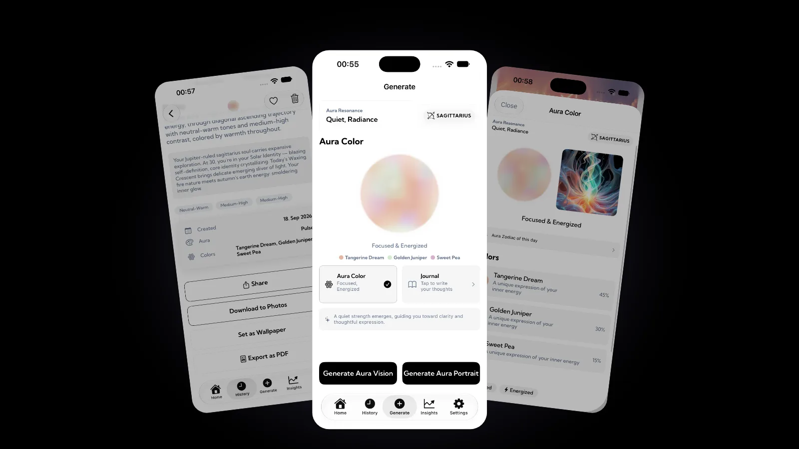 ثلاث شاشات من تطبيق Aura مصفوفة على خلفية سوداء: شاشة تفاصيل عمل فني بزرّي Share وDownload to Photos، وشاشة Generate بكرة هالة خوخية ناعمة بوسمي Focused وEnergized، وشاشة Aura Color تعرض ثلاثة ألوان بنسب مئوية