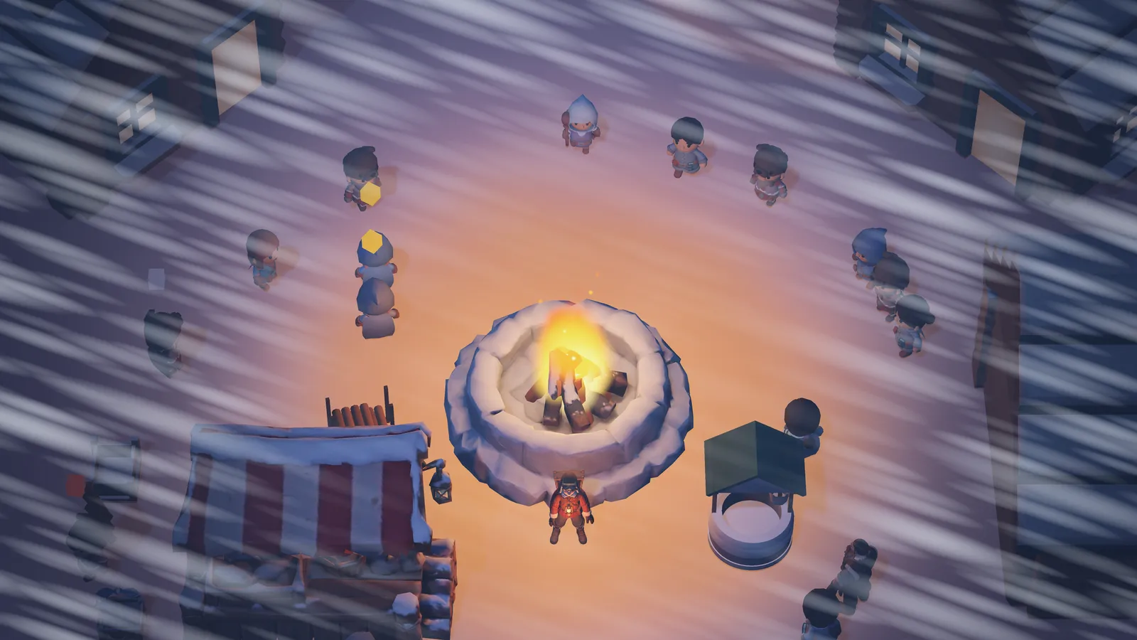 Villagers gather in a circle around the burning fire pit while snow blows sideways across the village during the Great Blizzard