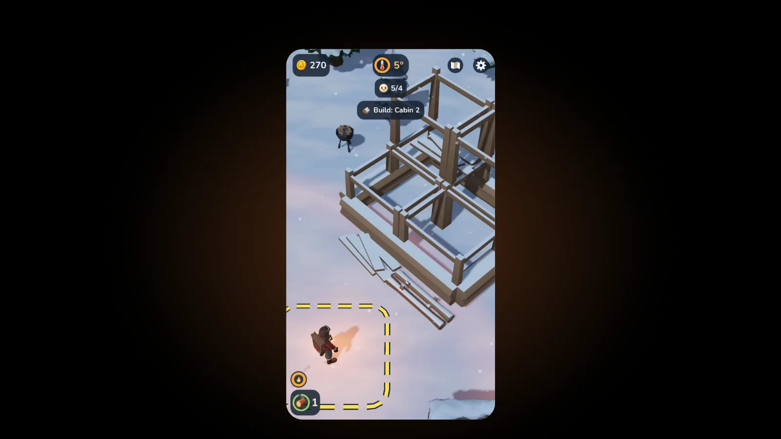 The hero stands in a dashed yellow build zone in the snow next to the timber frame of a new cabin, with the coin counter, the temperature and the goal Build: Cabin 2 at the top of the screen