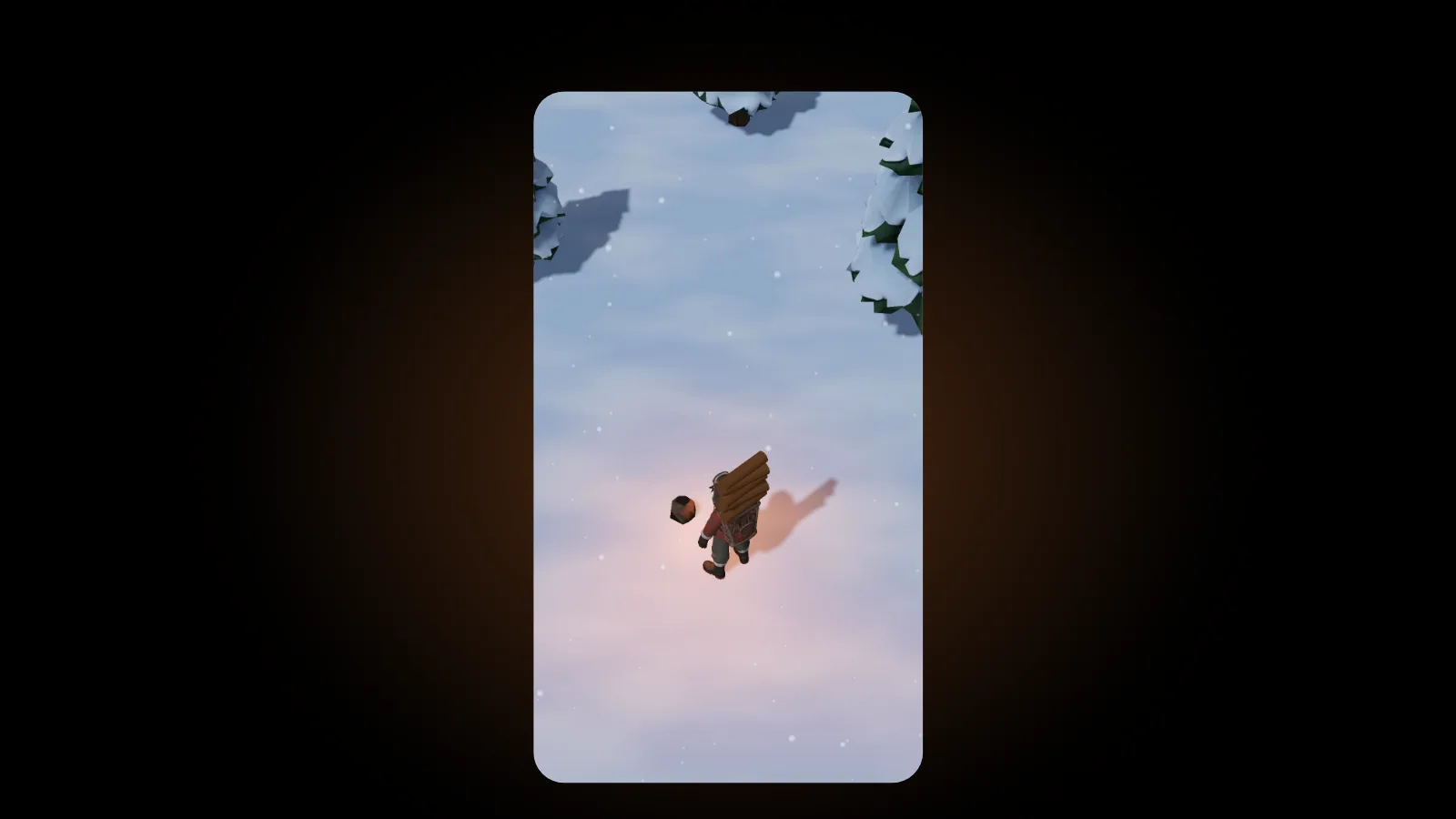 The hero walks across the snow carrying a tall stack of logs on the back, with snowy pines at the edge of the screen