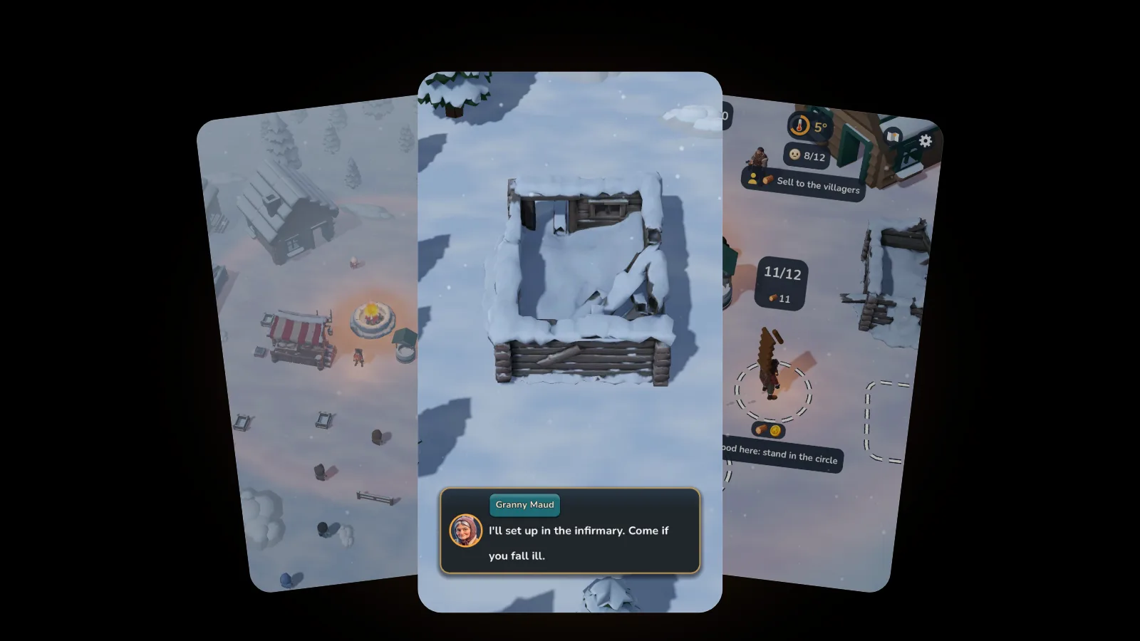 Three EmberFrost screens fanned on black: the village from above at dusk, Granny Maud's speech bubble over a snowed-in ruin saying she will set up in the infirmary, and the hero carrying logs to the market