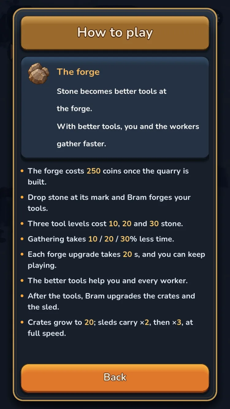 The in-game How to play page for the forge: the forge costs 250 coins once the quarry is built, three tool levels cost 10, 20 and 30 stone, gathering takes 10, 20 and 30 percent less time, each forge upgrade takes 20 seconds, and after the tools Bram upgrades the crates and the sled