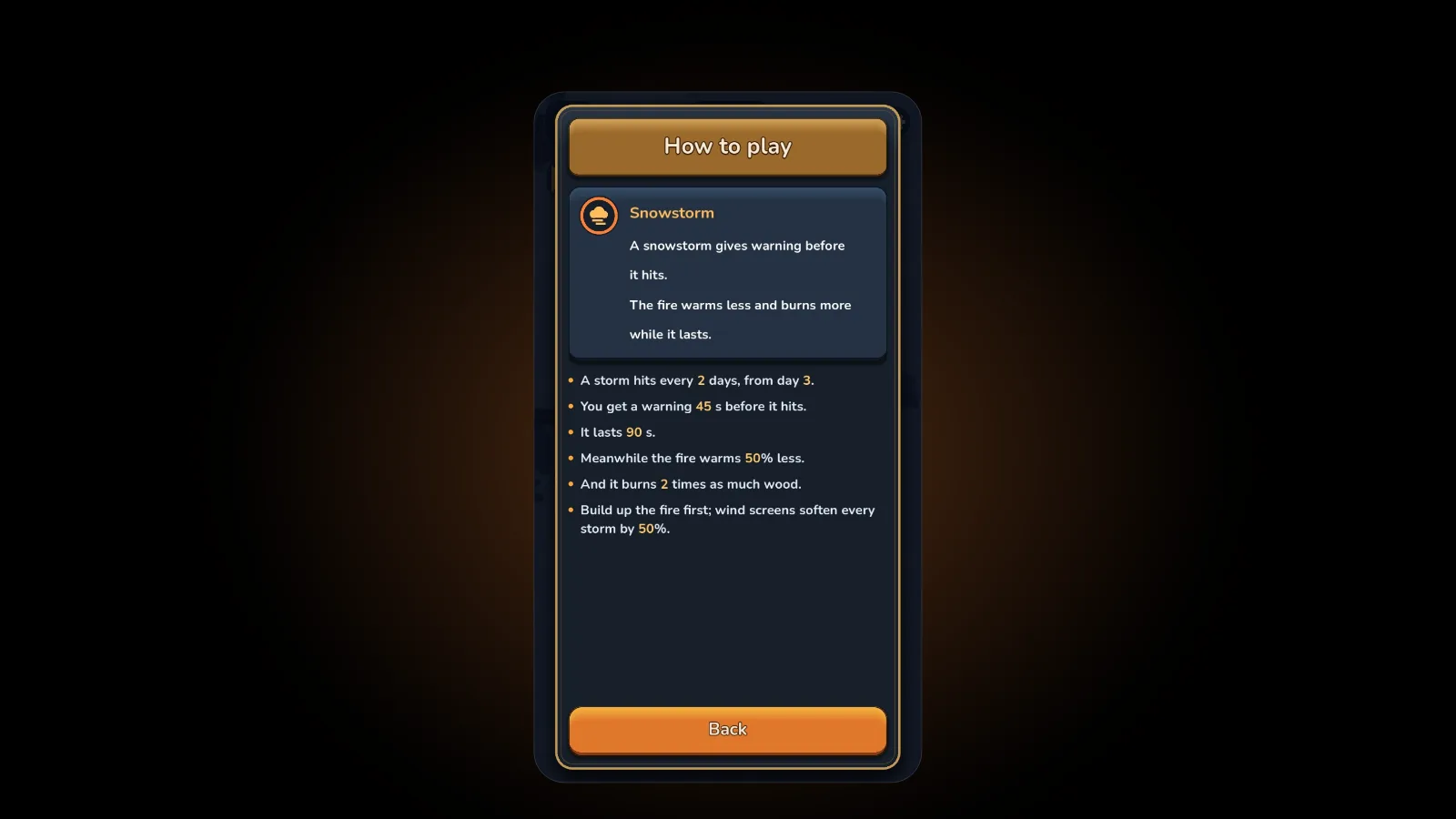 The in-game How to play page for Snowstorm, shown with Hard mode values: a storm hits every 2 days from day 3, you get a warning 45 s before it hits, it lasts 90 s, meanwhile the fire warms 50% less and burns 2 times as much wood, and wind screens soften every storm by 50%