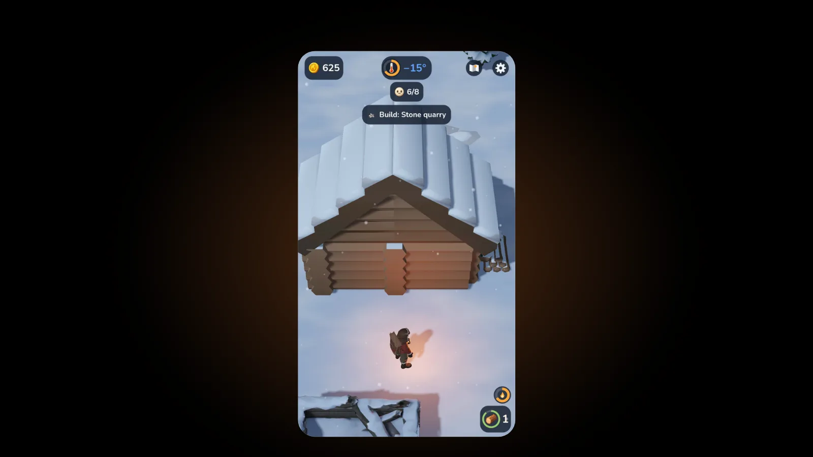 The EmberFrost play screen after the woodcutter's hut is built: 625 coins, minus 15 degrees, 6 of 8 villagers and the goal Build: Stone quarry at the top, with the hero standing below the new log hut