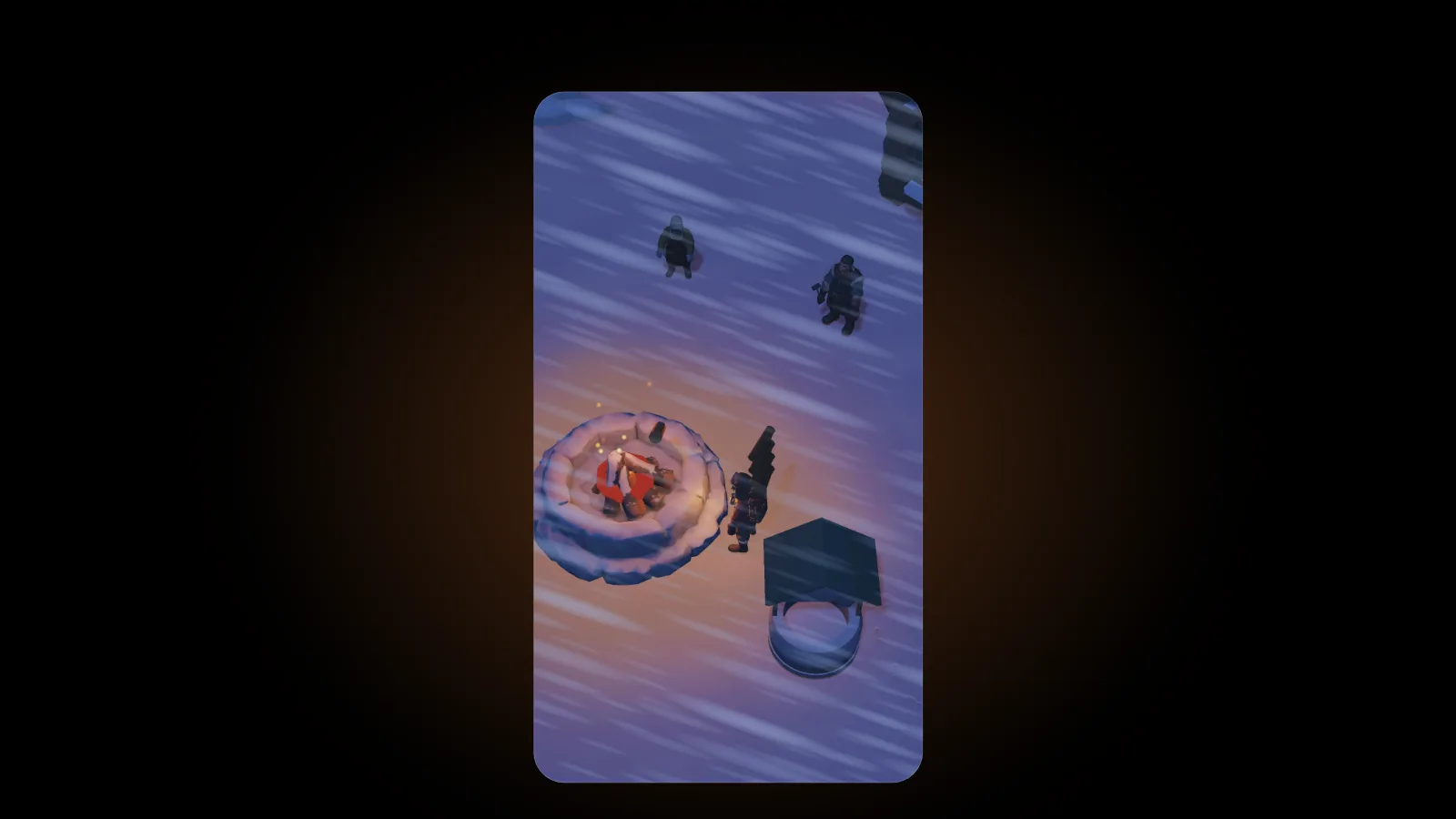 In EmberFrost, the hero stands at the stone fire pit carrying a stack of logs while a snowstorm blows streaks of snow across the square and two villagers stand nearby
