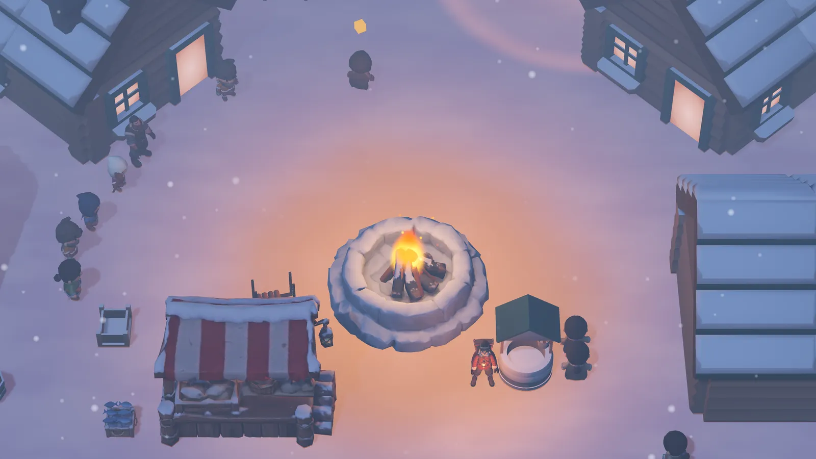 The village square at dusk: the fire burns in its stone ring, villagers walk between snowy log cabins, and the market stall and the well stand beside the fire