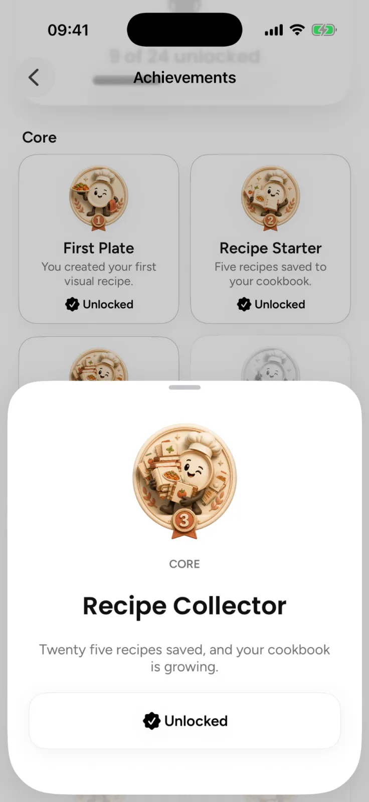 Plate's achievements screen with a Recipe Collector badge earned for saving twenty-five recipes