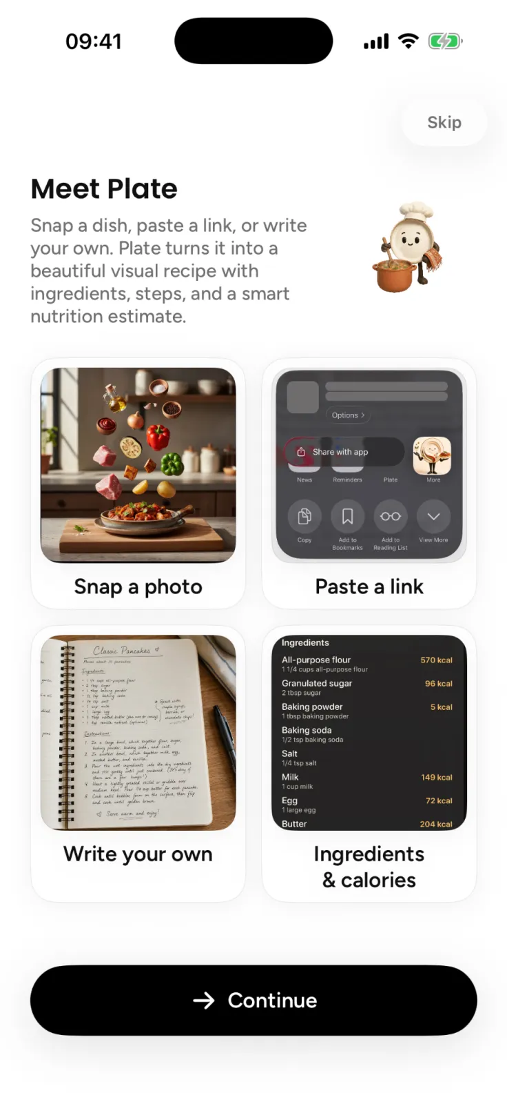 The Meet Plate screen with four ways to start a recipe: snap a photo, paste a link, write your own, and an ingredient list with calories