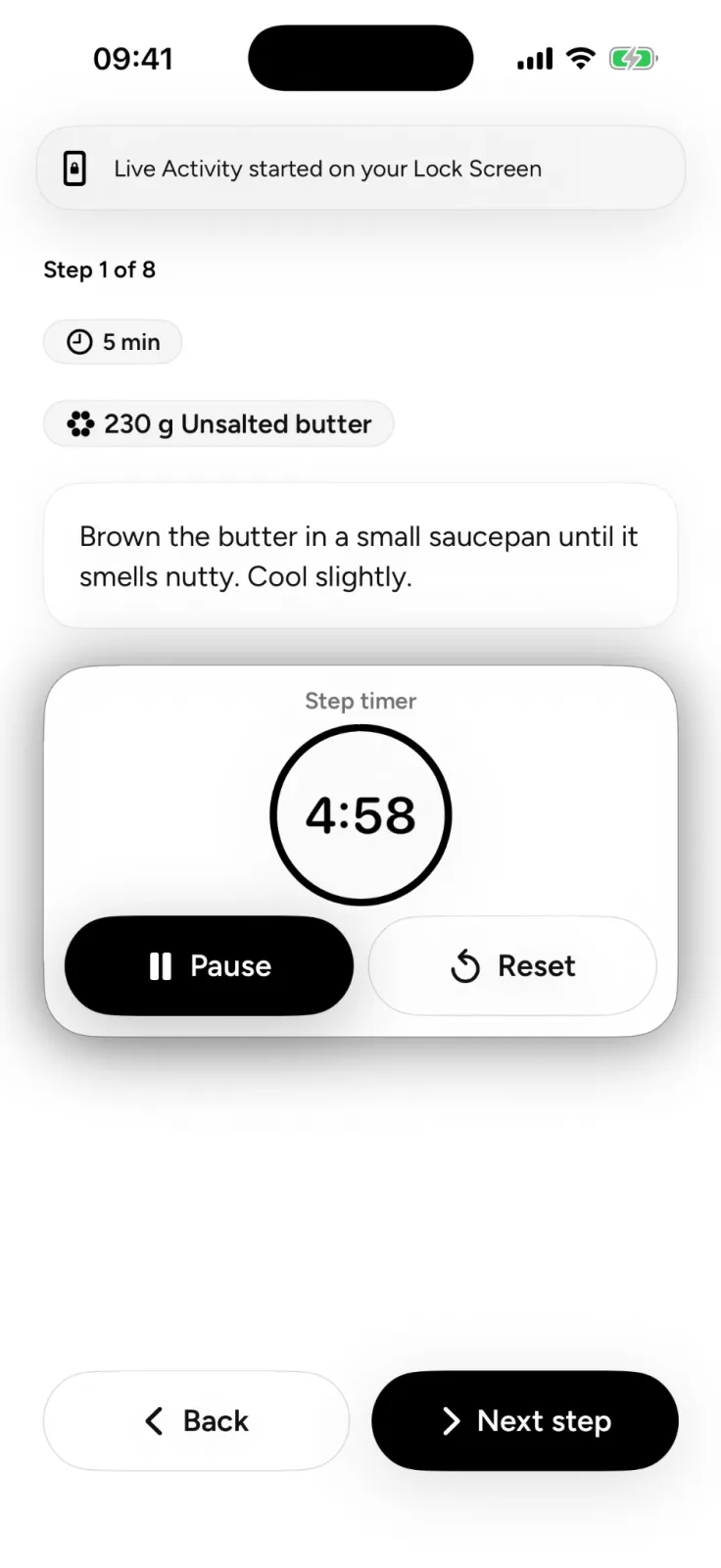 Plate's Cook Mode on step 1 of 8: the butter amount, an instruction to brown it, and a step timer with Pause and Reset buttons