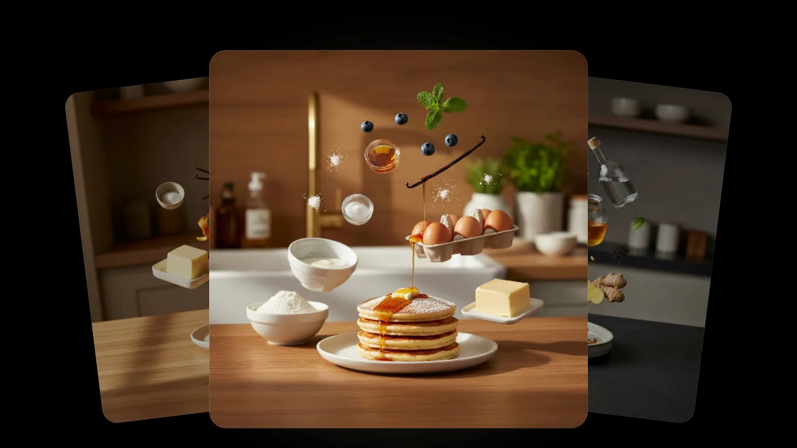 Trois images de décomposition d'ingrédients en éventail sur fond noir : une pile de pancakes nappée de sirop avec des œufs, des myrtilles, du beurre et un bol de farine en suspension, entre des scènes de cuisine en partie masquées, avec un bloc de beurre à gauche et un pot de miel, une bouteille en verre et du gingembre à droite