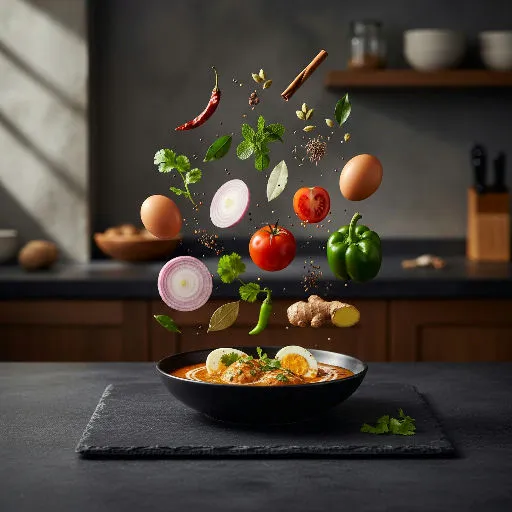 An egg curry in a black bowl on a slate board, with two halved hard-boiled eggs showing set yellow yolks, under floating whole brown eggs, red onion slices, tomatoes, a green pepper, chillies, ginger, a cinnamon stick and herbs