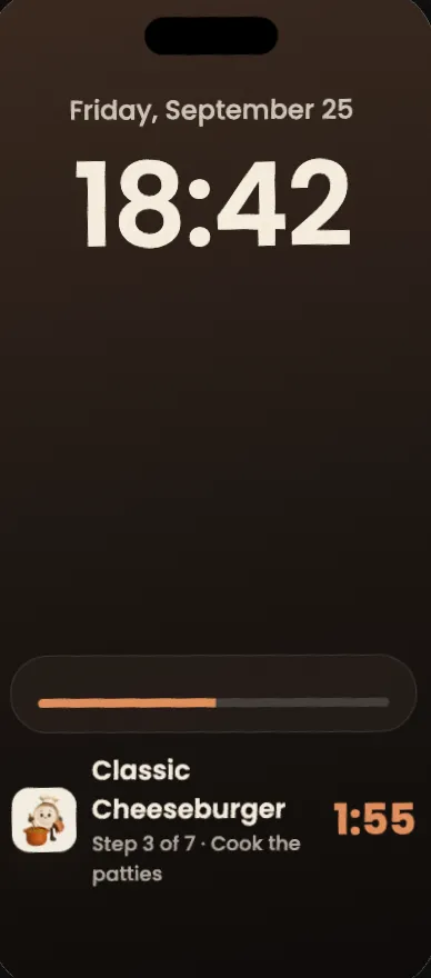 An iPhone Lock Screen reading Friday, September 25 and 18:42, with a Plate Live Activity at the bottom: a progress bar, Classic Cheeseburger, Step 3 of 7, Cook the patties, and 1:55 left