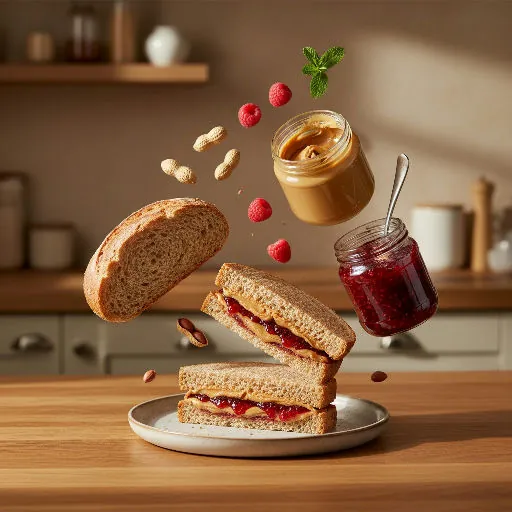 A peanut butter and jam sandwich on a plate, with bread, peanuts, raspberries, an open jar of peanut butter and a jar of red jam floating above it
