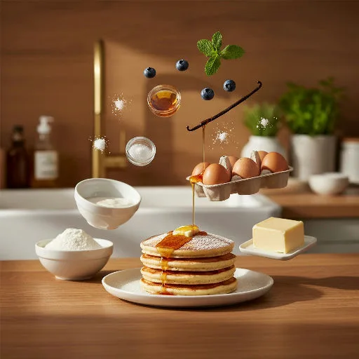 تفكيك في Plate لكومة بانكيك مع شراب، وفوقها تطفو بيضات وقطعة زبدة وأوعية من الدقيق وسائل أبيض وتوت أزرق وقرن فانيليا