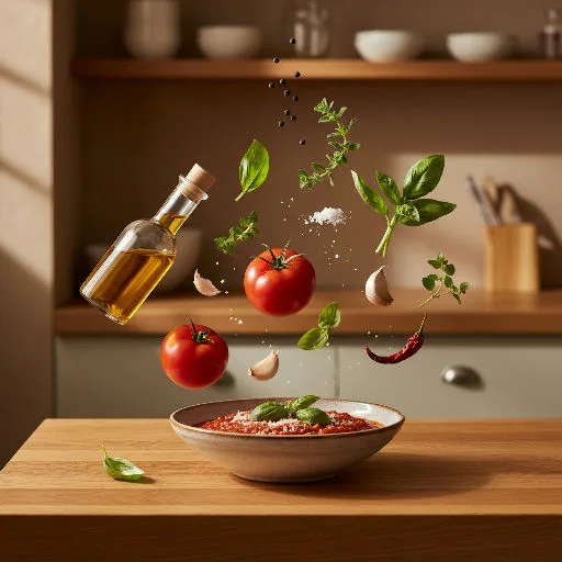 تفكيك في Plate لوعاء من صلصة المارينارا، وفوقه يطفو زيت زيتون وطماطم وفصوص ثوم وريحان وأغصان أعشاب وفلفل أحمر حار