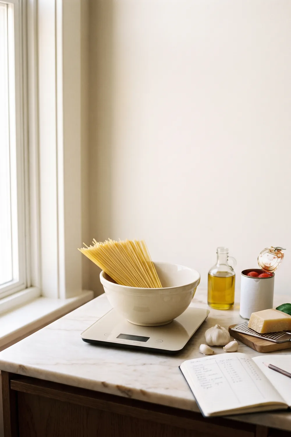 A bowl of dry spaghetti on a digital kitchen scale beside olive oil, an open can of tomatoes, garlic, parmesan on a grater and an open notebook