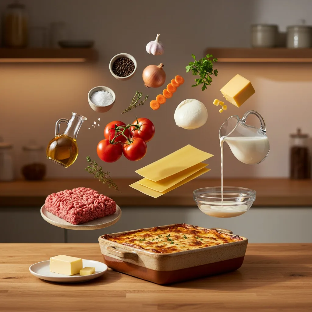 Ingredienserne til en lasagne svæver fra hinanden over en træbordplade: hakket kød på en tallerken, tomater på stilk, lasagneplader, en hvid kugle ost, en blok gul ost, et løg, hvidløg, gulerodsskiver, krydderurter, olivenolie og mælk, der hældes i en glasskål, med den bagte lasagne i et keramisk fad nedenunder