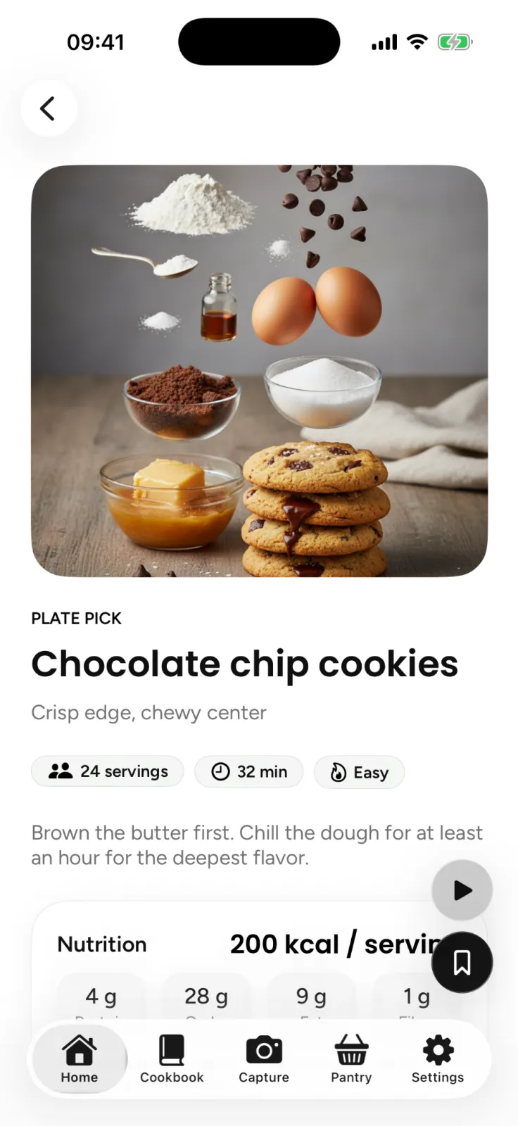 A finished chocolate chip cookie recipe in Plate with the ingredients floating above the cookies, servings, time, difficulty and nutrition per serving