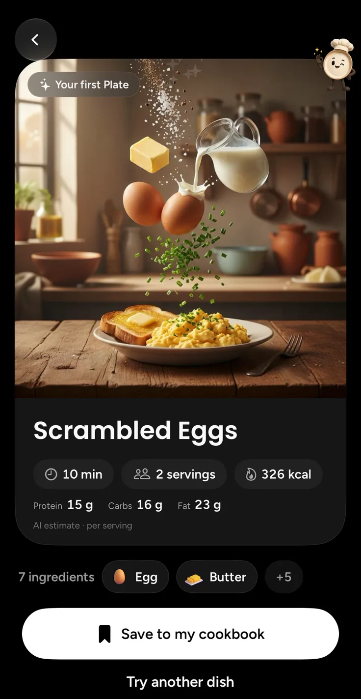 A Plate recipe for Scrambled Eggs showing 10 min, 2 servings and 326 kcal, with protein 15 g, carbs 16 g and fat 23 g marked as an AI estimate per serving, and Egg and Butter among 7 ingredients