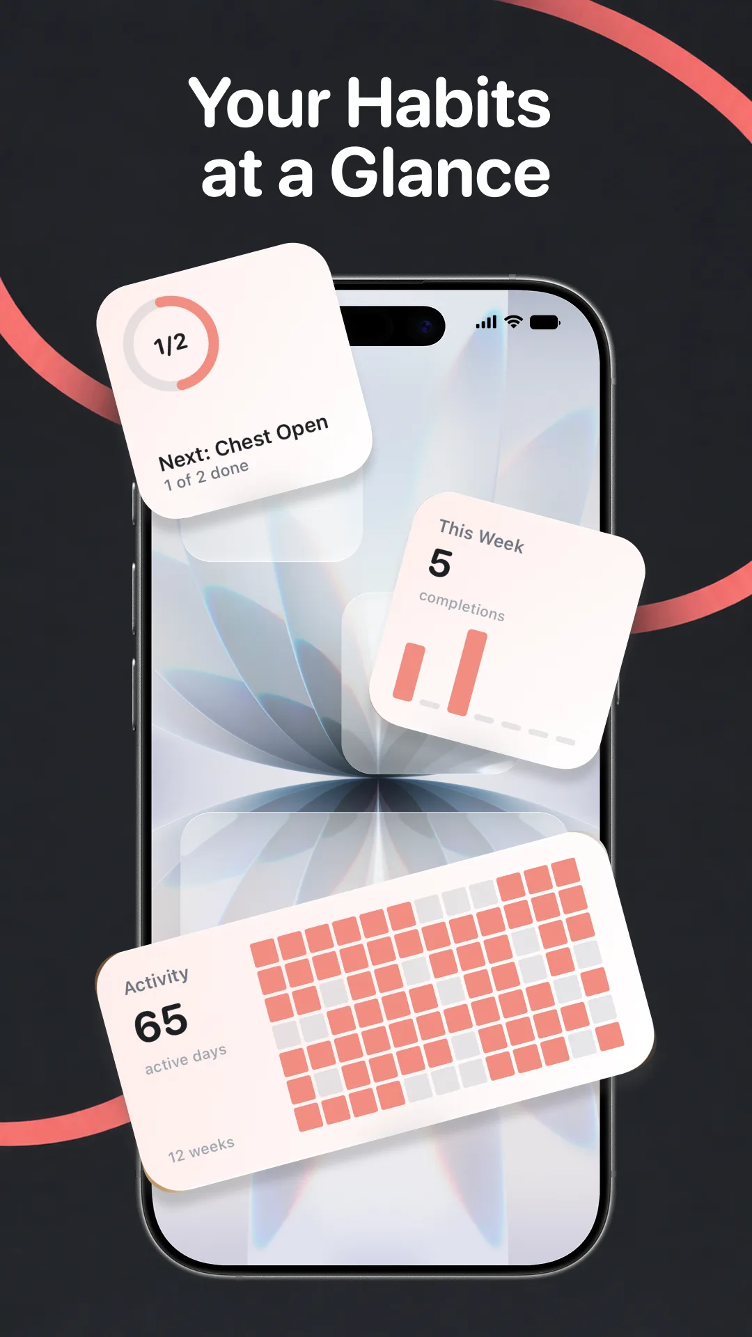 Widgetar för hemskärmen från Postura på en iPhone: en ring på 1 av 2 med Nästa: Öppna bröstet, Den här veckan med 5 slutförda vanor och ett aktivitetsrutnät med 65 aktiva dagar