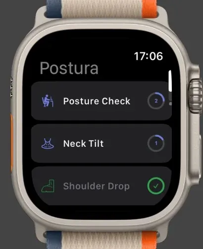 Postura on Apple Watch listing Posture Check, Neck Tilt and a completed Shoulder Drop