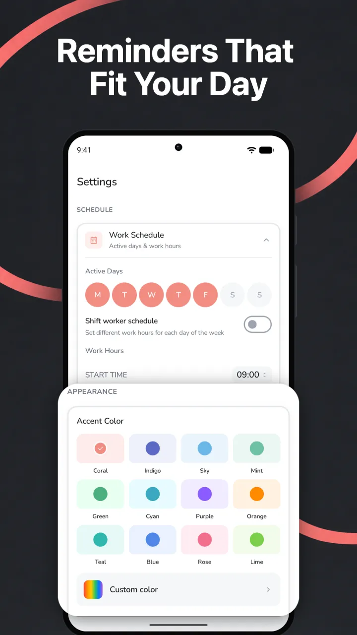 Postura on an Android phone under the heading Reminders That Fit Your Day, showing Work Schedule with Monday to Friday as active days, the Shift worker schedule toggle off and a 09:00 start time, above an Accent Color panel with a Custom color option