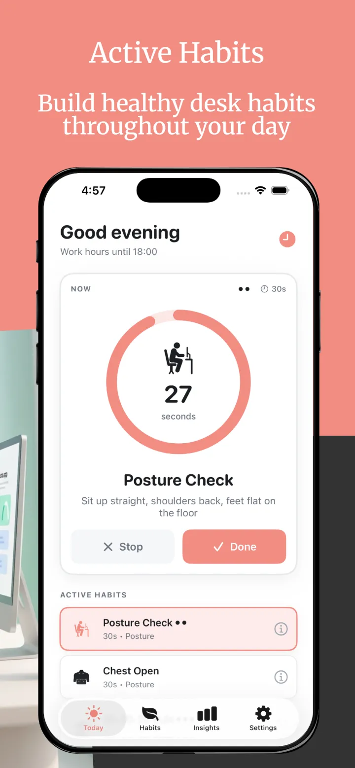 Postura Today screen on iPhone showing Work hours until 18:00, a Posture Check timer at 27 seconds with Stop and Done buttons, and Posture Check and Chest Open under Active Habits