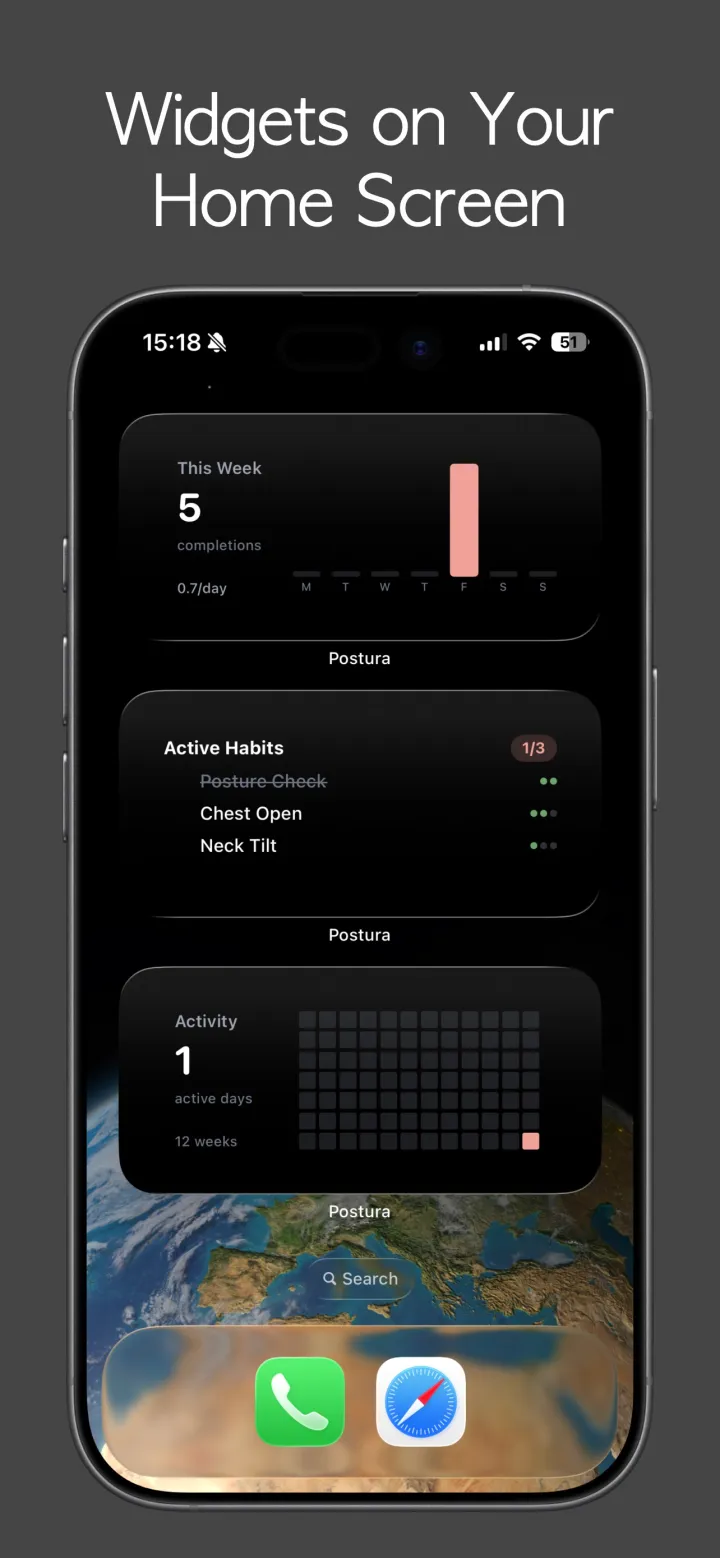 iPhone Home Screen with three Postura widgets: This Week with 5 completions, Active Habits at 1 of 3 with Posture Check crossed out above Chest Open and Neck Tilt, and an Activity grid with 1 active day over 12 weeks