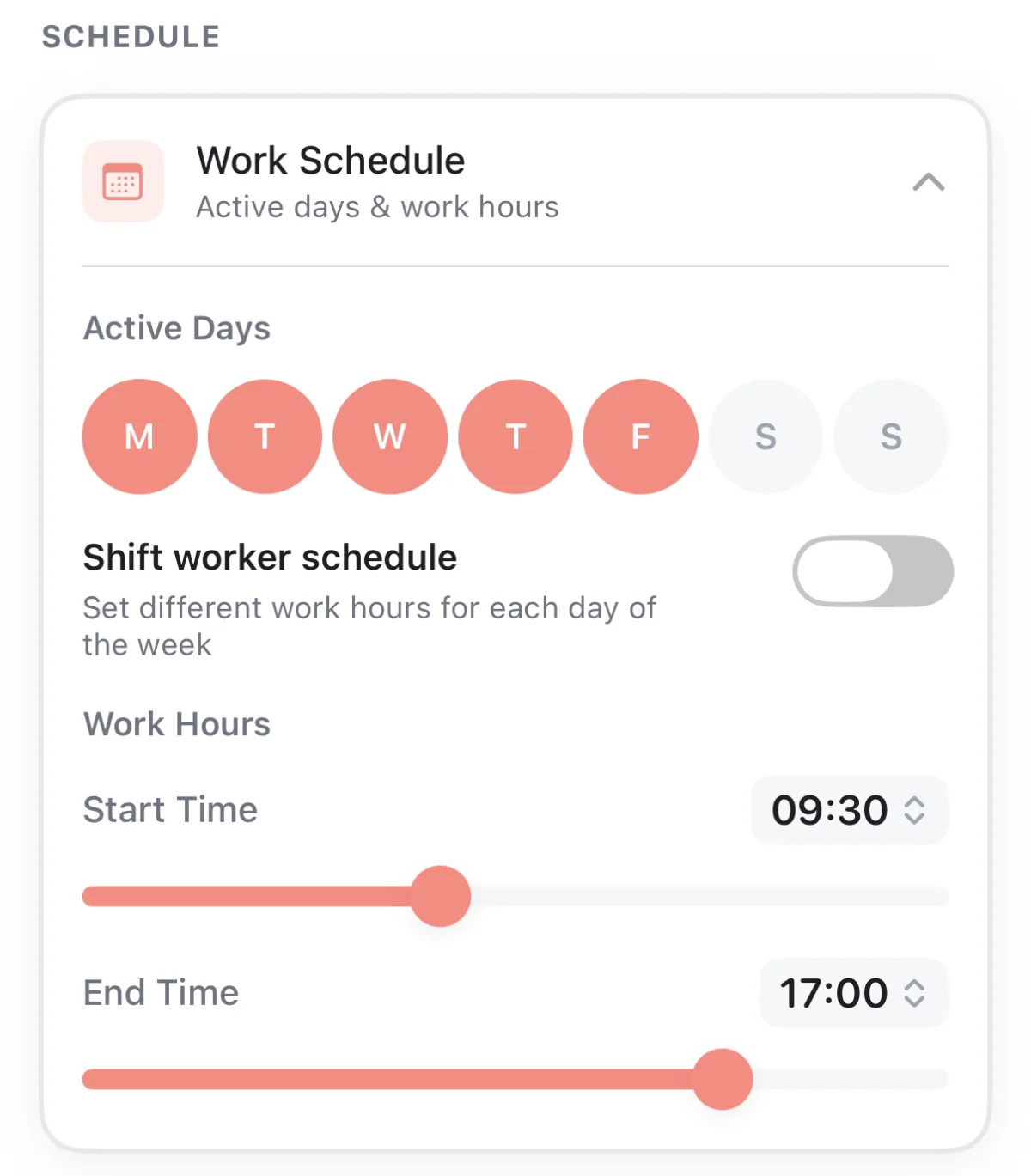 Postura work schedule settings with Monday to Friday selected as active days, a shift worker schedule toggle switched off and work hours from 09:30 to 17:00