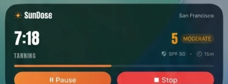 SunDose Live Activity-panel med en timer på 7:18 mærket Tanning, UV 5 Moderate, SPF 50 og 15m, med en orange statuslinje og knapperne Pause og Stop
